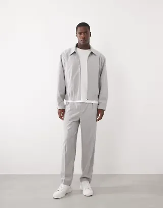 ASOS DESIGN smart relaxed tapered fit pants in light gray seersucker - part of a set