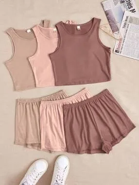SHEIN Multicolor 3 Sets Solid Tank Top Shorts Women's Loungewear Lounge Sets Comfortable Homewear Slim Fit Knitted Round