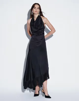 Rare London cowl neck ruced aysmmetric tassel hem maxi dress in black