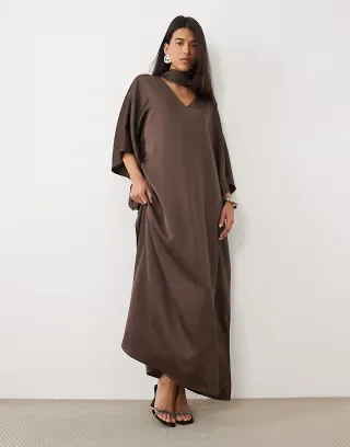 Pretty Lavish satin choker detail kimono sleeve full maxi dress in chocolate