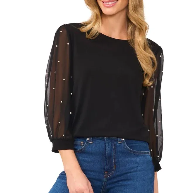 CeCe Women's Mixed Media Imitation-Pearl-Stud Top