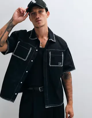 Liquor N Poker ripstop cotton chainstitch motorsport shirt in black