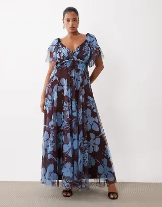 Lace & Beads Plus tulle v-neck flutter sleeve maxi dress in chocolate & blue floral