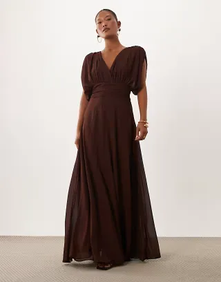 TFNC Bridesmaid Petite chiffon v-neck drape sleeve pleated maxi dress in chocolate