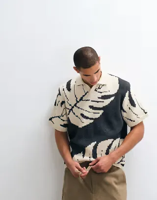 ASOS DESIGN oversized knit notch with leaf print in gray