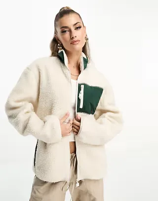 ellesse Martucci funnel neck borg jacket in off white
