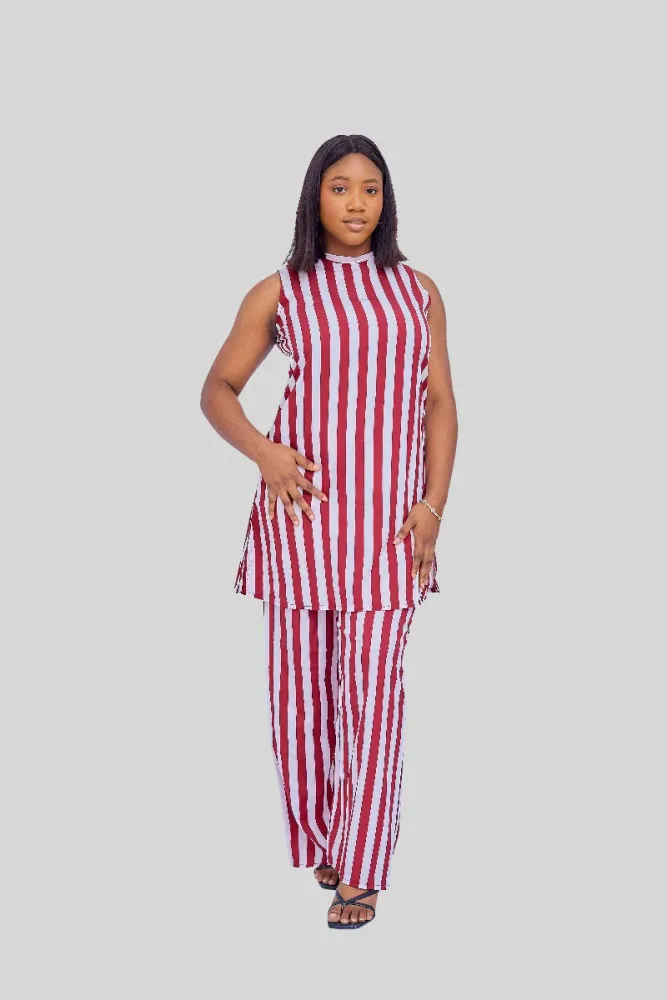 STRIPED SLEEVELESS LONG TOP AND PANT
