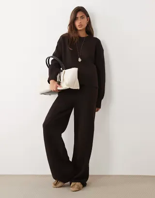 ASOS DESIGN boxy sweater with side slit detail & wide leg pants set in chocolate