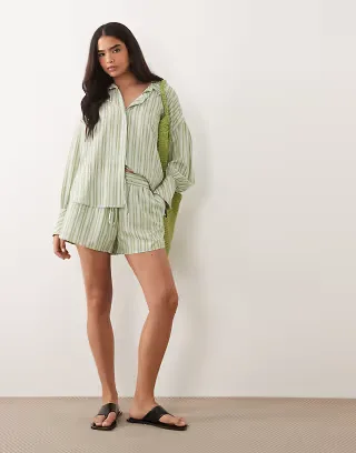 Aria Cove pocket front deep cuff oversized shirt and shorts set in green stripe