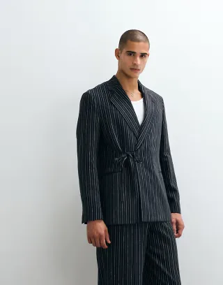 ASOS DESIGN regular linen rich suit jacket with wrap tie waist in navy pinstripe