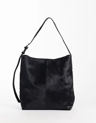ASOS DESIGN hair on leather bucket bag in black