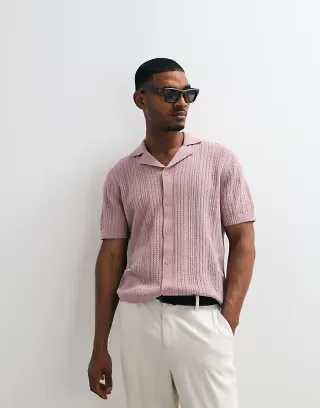 ASOS DESIGN relaxed knit textured button down polo shirt in mauve