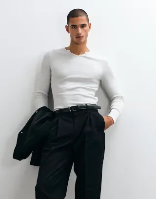 ASOS DESIGN muscle fit long sleeve t-shirt with notch neck in gray heather