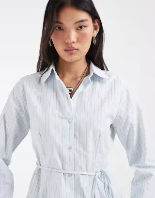 JJXX long sleeve poplin shirt with tie back detail in blue plaid