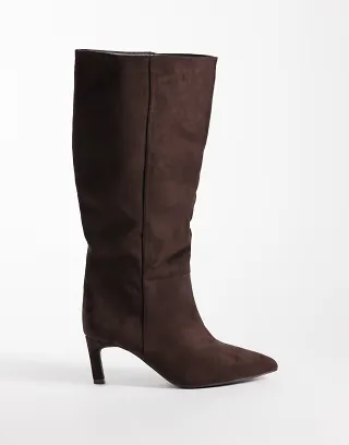 SEQWL Wide Fit Benz faux suede knee high kitten heel boots in chocolate brown