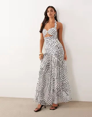 AFRM Blane halter neck hardware detail maxi dress with built in shorts in white polka dot