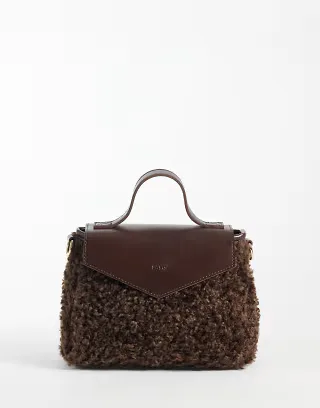 PASQ top handle crossbody bag in dark brown faux shearling