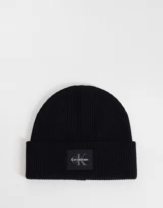 Calvin Klein monologo patch rib knit beanie in black