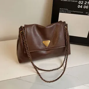 Athleisure Half-Moon Shoulder Bag, Women's Brown PU Vegan Leather with Chain Strap - Small 20-30cm Daily Outfit Bag, Sof