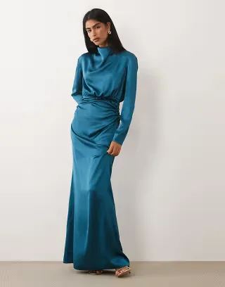 Daska satin cinched long sleeve maxi dress in blue