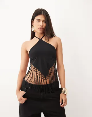 ASOS DESIGN slinky fringed hanky hem halter top in black