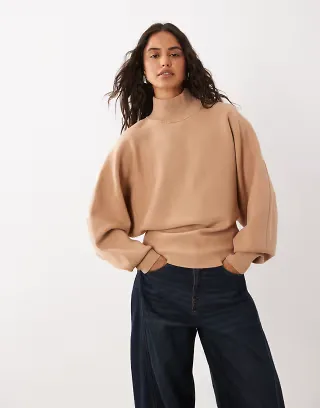 ASOS DESIGN premium high neck batwing compact sweater in camel