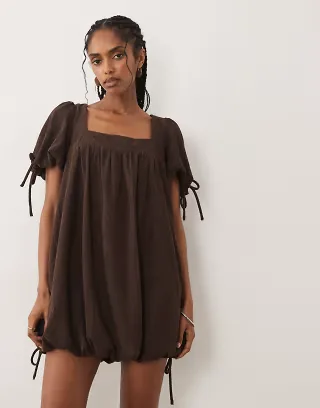 ASOS DESIGN cord square neck bubble mini dress in chocolate plum