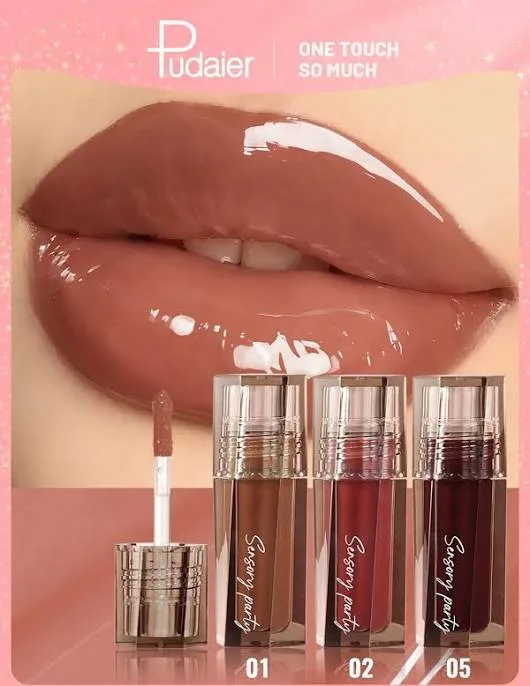Pudaier 3PCS Set Moisturizing Mirror Effect Lip Gloss Plumping Long Lasting Hydrating Lip Glaze Refreshing Non Greasy Li