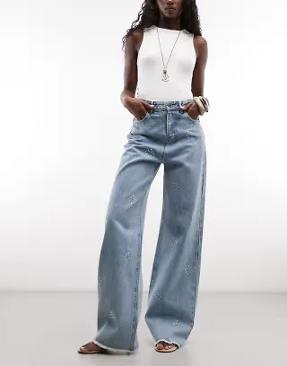 Courtside baggy embellished jeans in light wash blue
