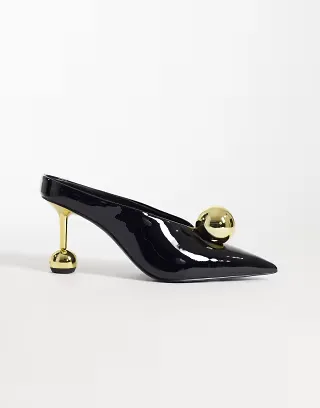 JW PEI Sofia angled vamp heel mules in black & gold