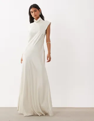 ASOS DESIGN high neck satin maxi dress with godets in oyster