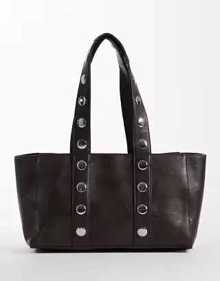Kaiia exclusive silver hardware studded faux leather tote bag in brown