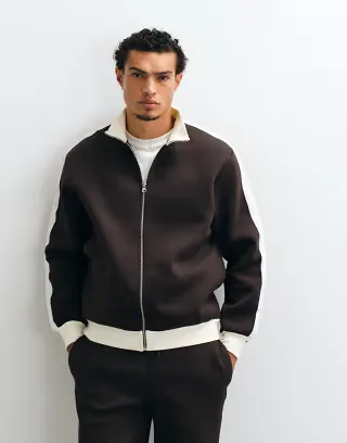 ASOS DESIGN relaxed zip through track jacket in scuba-style fabric with pique panels in brown