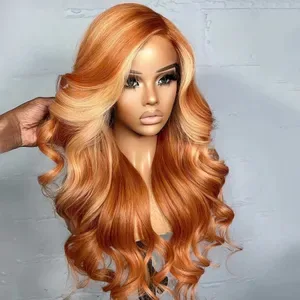 Ginger Orange Wig with Blonde Highlights Lace Front Wig Body Wave Human Hair Wig Pre Plucked Pre Cut Pre Bleached Gluele