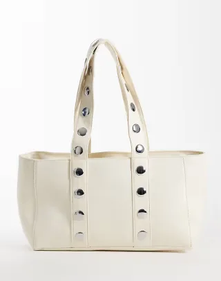Kaiia exclusive faux leather silver studded tote bag in white