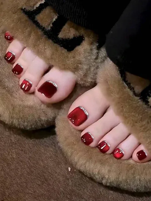 24pcs Blood Red Crystal Cat Eye Press-On Nails Acrylic Designs French Tip Glitter Y2K Aesthetic Fake Nails ABS Material