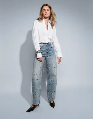 & Other Stories straight leg jeans with eyelets in mid wash blue