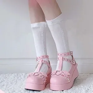 Sweet Heart Buckle Wedges Mary Janes - Pink T-Strap Chunky Platform Shoes for Women - Lolita Punk Gothic Cosplay Style