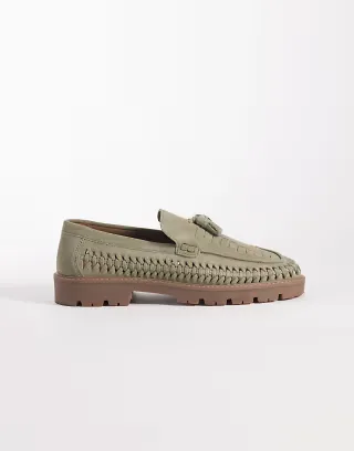ASOS DESIGN woven tassel loafers with cleated sole in khaki suede