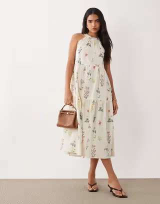 VILA halter neck tiered maxi dress in cream floral print