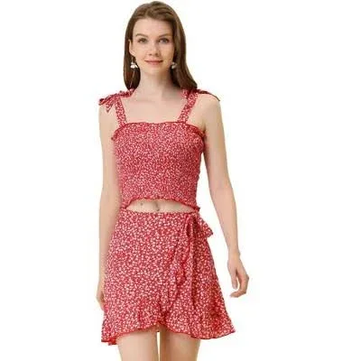 Allegra K Women's Floral Print Smocked Top Mini Skirt Outfit Set