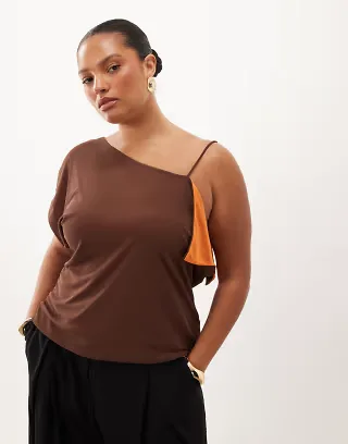 ASOS DESIGN Curve double layer contrast mesh asymmetric tank top in brown and orange
