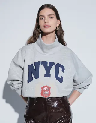 ASOS DESIGN oversized funnel neck NYC varsity sweatshirt in gray heather
