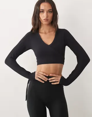 4505 seamless baby rib wrap front long sleeve top in black