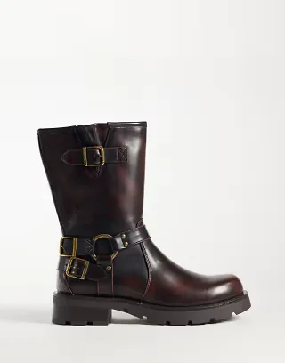 Glamorous Wide Fit mid ankle-height moto boots in brown