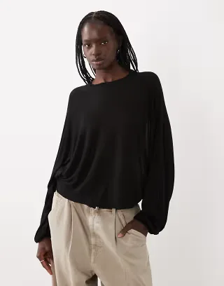 ASOS DESIGN batwing sheer waisted knit top in black