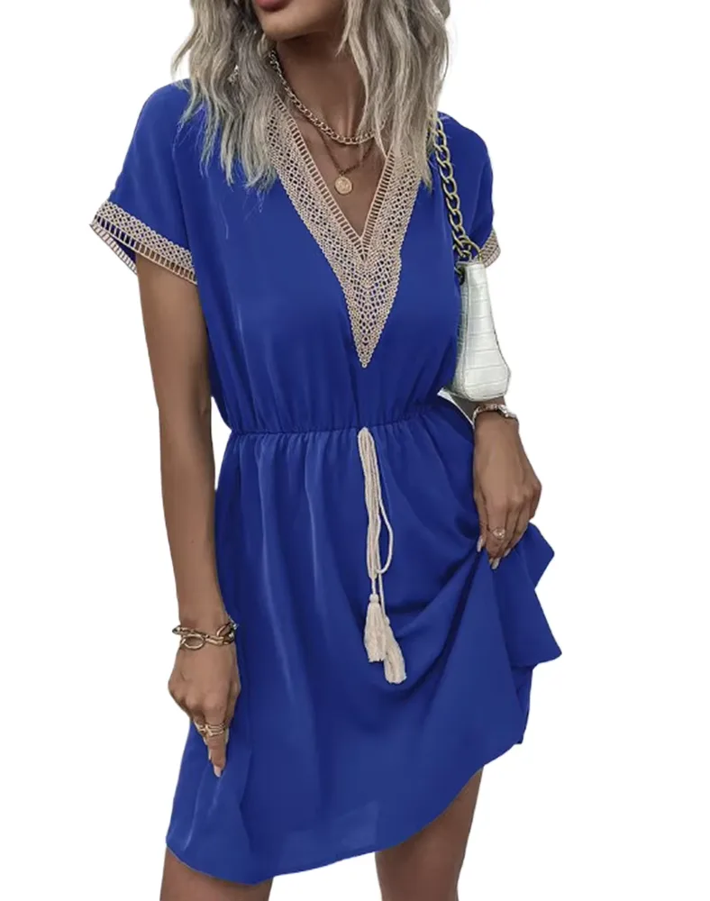 Elegant Women's White Dresses Summer Solid Short Sleeve Lace V-Neck Waistband Female Beach Midi Dress