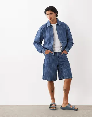 ASOS DESIGN loose denim striped jorts in mid wash blue - part of a set