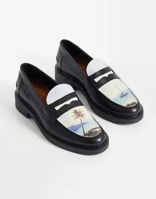 NOAK made In Portugal penny loafers with landscape graphic in black leather