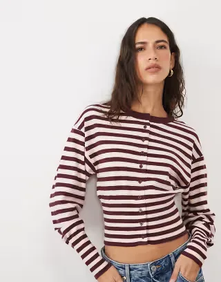 Cotton On Sara button down cardigan in dark oak stripe